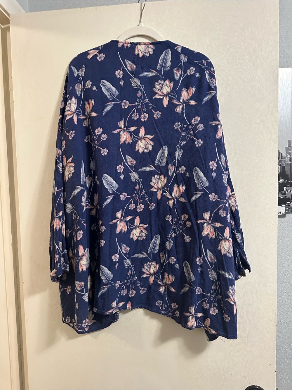 Floral Open-Front Kimono - Navy with Pink & Cream Blooms - Picture 2 of 3